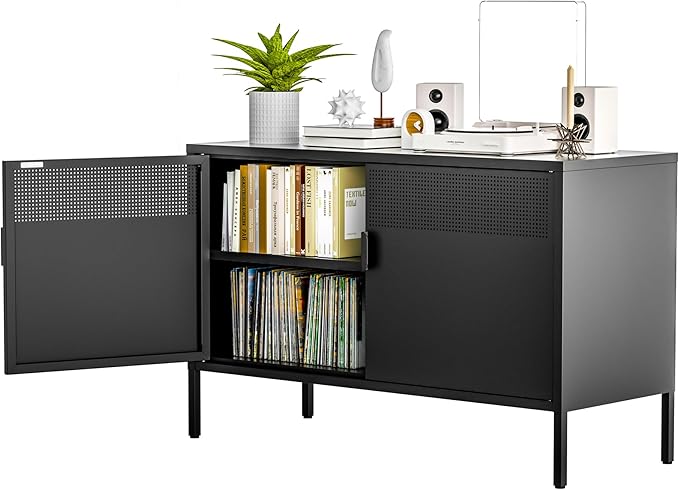 Ustamio Black Wide Metal Locker Storage Cabinet, 2 Door Accent Cabinet for Home and Office, 2 Tier Low Metal Cabinet With Doors and Shelf, Multipurpose TV Stand
