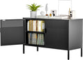 Ustamio Black Wide Metal Locker Storage Cabinet, 2 Door Accent Cabinet for Home and Office, 2 Tier Low Metal Cabinet With Doors and Shelf, Multipurpose TV Stand