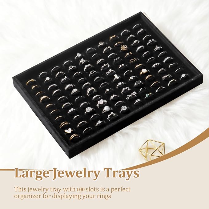 Large Jewelry Organizer for Drawer Insert Velvet Stackable Jewelry Trays for Earring Necklace Bracelet Ring Display (Black, Ring 100 Slots)