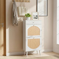 Karl home White Rattan Shoe Cabinet, 1-Drawer 2-Tilt-Out Entryway Organizer | Hidden Shoe Rack Storage with Rattan Panel for Heels, Slippers and Casual Shoes, Space Saving Entryway Storage Furniture