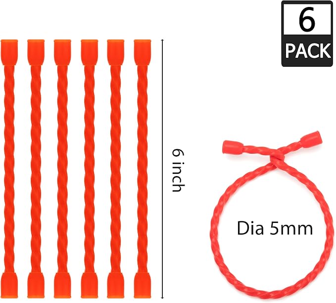 6 PCS 6-Inch Silicone Cable Ties Dia 5mm Reusable Steel-Core Rubber Twist Ties Bendable Cable Ties for Bundling and Holding, All Purpose Cord Tie for Indoor and Outdoor (Red)