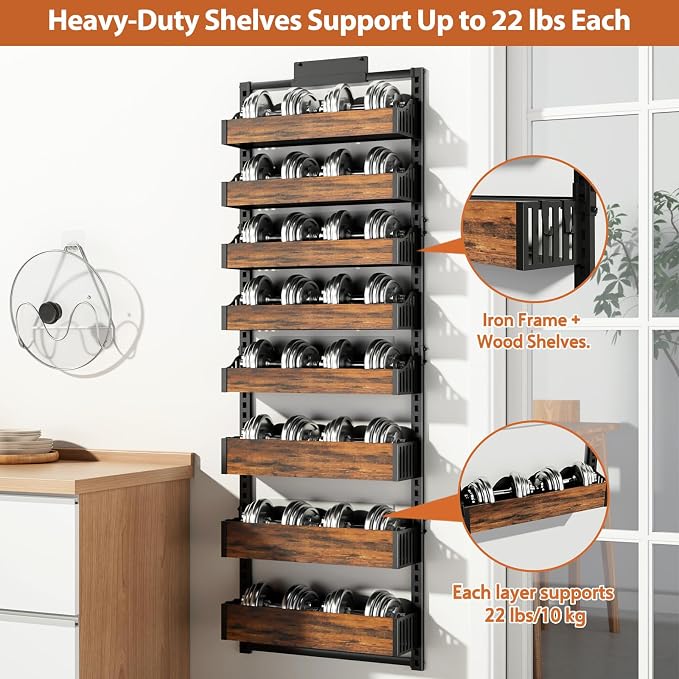 Over the Door Pantry Organizer: Storage and Pantry Organization with Hanging Basket - 8-Tier Metal Spice Rack Adjustable Shelves for Kitchen Laundry Room Bedroom & Bathroom Black