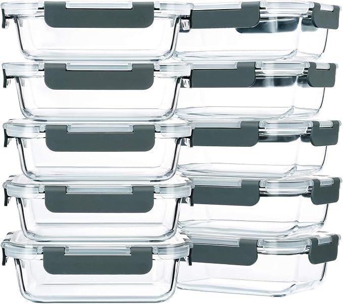 M MCIRCO 10-Pack,22 Oz Glass Meal Prep Containers,Glass Food Storage Containers with lids,Lunch Containers,Microwave, Oven, Freezer and Dishwasher (Gray)