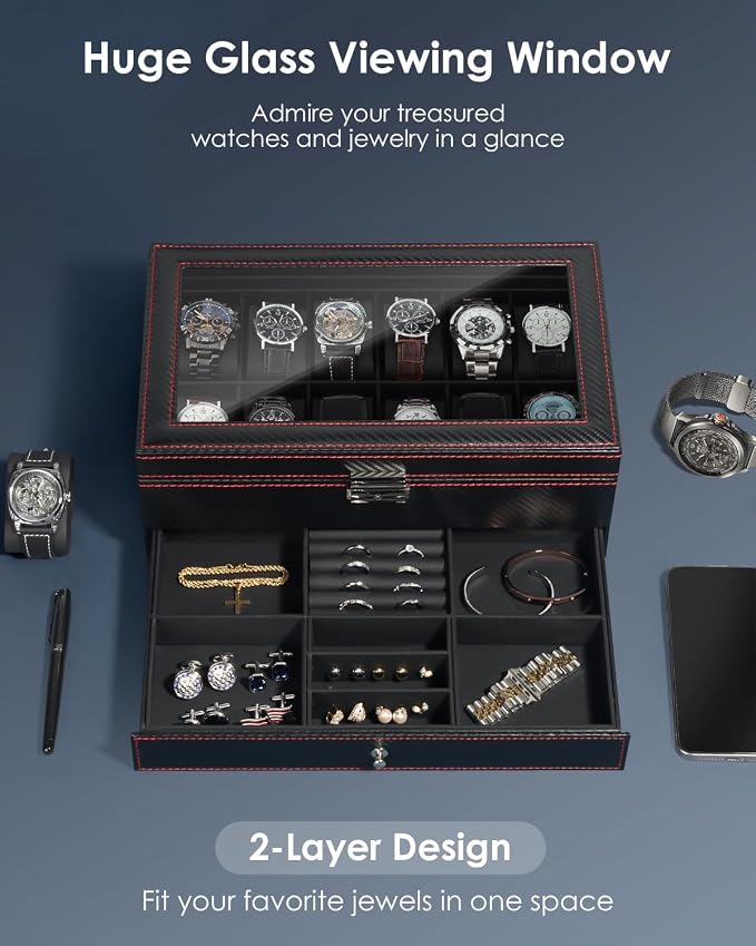 Kukikan Watch Box Jewelry Organizer, 12-Slot 2-Layer Watch Case Storage with Large Glass Lid, Watch Storage Case with Lock, Watch Holder Display Case, Fathers Day Gift for Dad