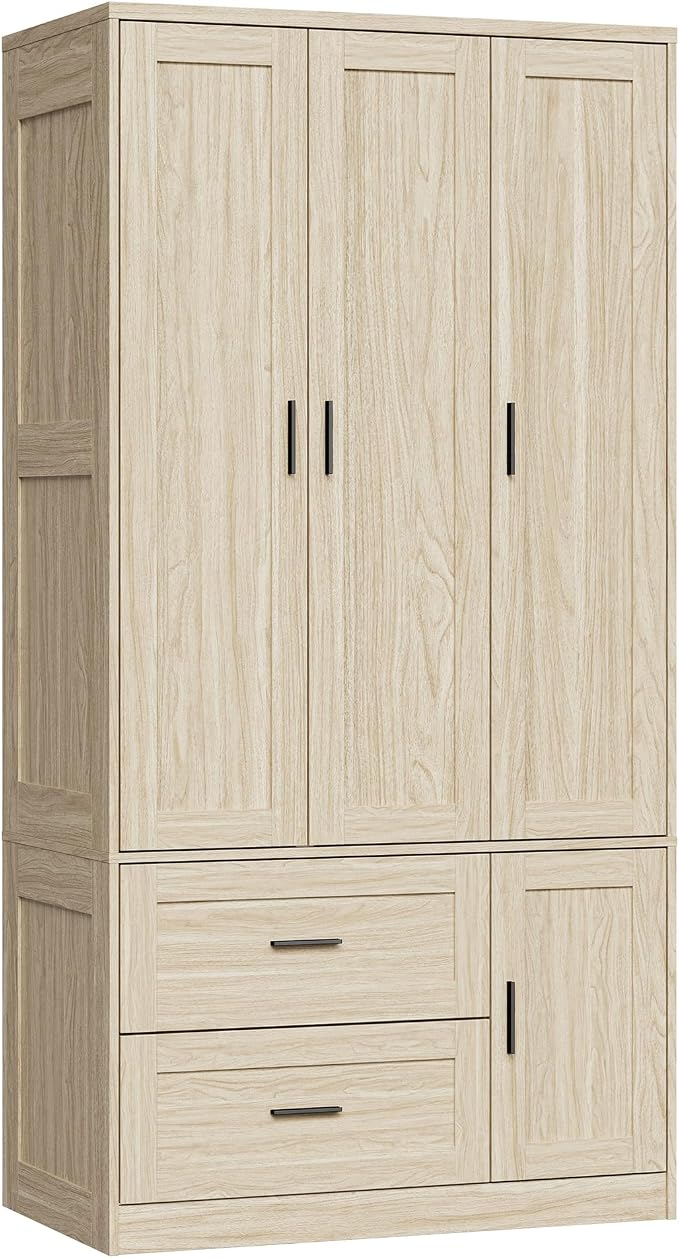 ANCTOR 70.6 Inch Armoire Wardrobe Closet with Drawers (Light Oak) | Hanging Rod, Drawers, Adjustable Cube Shelves, Closed Cabinet Organizer, Modern Bedroom Clothes Cabinet
