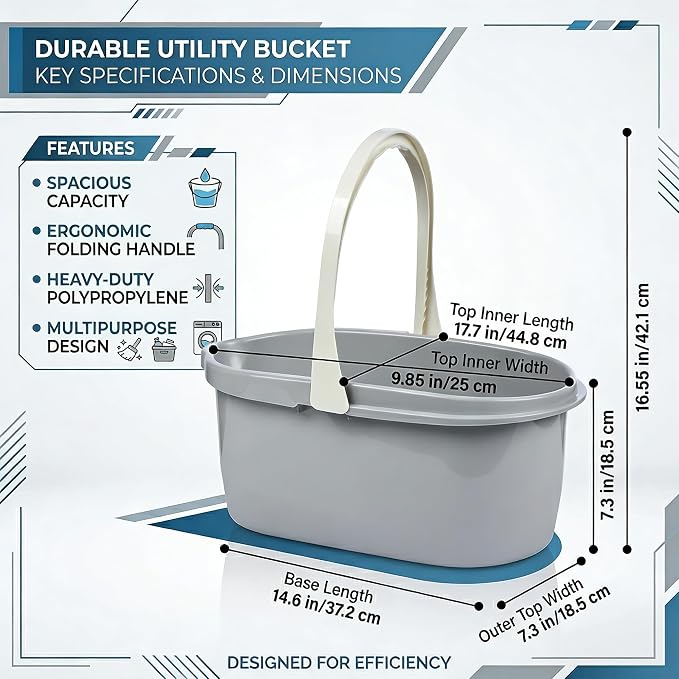 Haundry Compact Mop Bucket with Handle, Rectangular Cleaning Bucket and Caddy for Cleaning Supplies, 10L, Grey