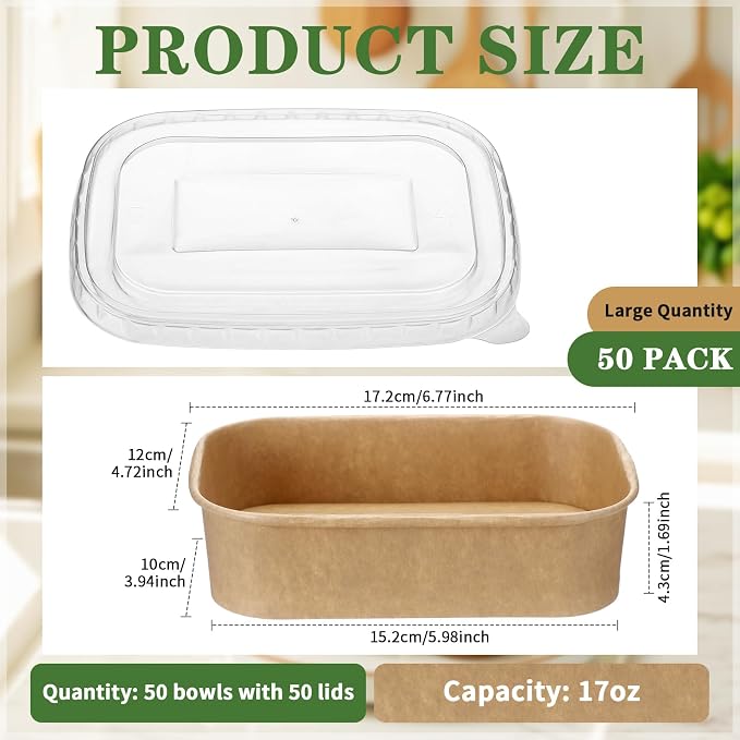 Maxdot 50 Pack 17 oz Disposable Food Containers with Lids Paper Food Containers Bowls for Meal Prep, Salad, Ice Cream, Yogurt, Soup Bowls Party Leftover Box