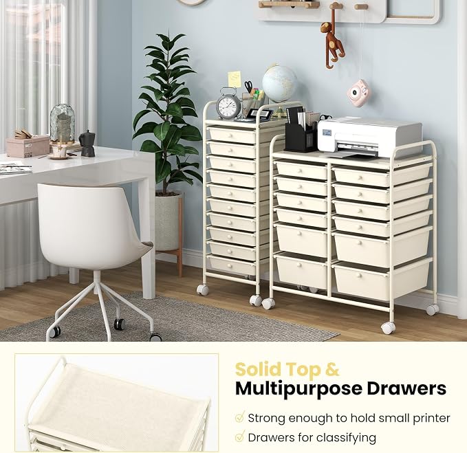 DREAMADE Rolling Cart with Storage Drawers, Utility Cart with Removable Plastic Drawers, Lockable Wheels, Art Cart for Classroom Organization Art Supplies Office Scrapbook (12 Drawers, White)