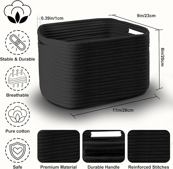 4 Pack Storage Baskets for Organizing, 11''Lx9''Wx8''H Woven Baskets for Storage Toys, Towels, Books, and Clothes, Cotton Rope Basket for Shelves with Handle White & Brown