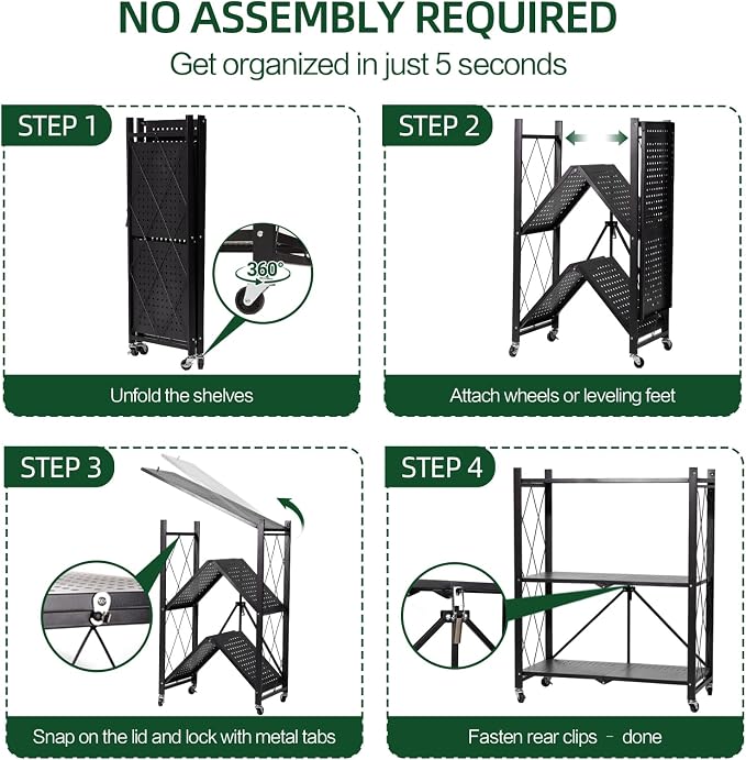 3-Tier Foldable Storage Shelf with Wheels – Heavy Duty 550 LBS Capacity, Collapsible Metal Steel Rolling Rack for Garage, Kitchen, Pantry, Office – Black