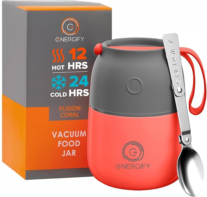 Vacuum Insulated Food Jar. Large 12oz Bowl incl. Folding Spoon, Cup. Wide Mouth Keep Hot & Cold Drinks Soup Lunch Container for Adults. BPA-Free Stainless Steel, Leak Proof Fusion Coral