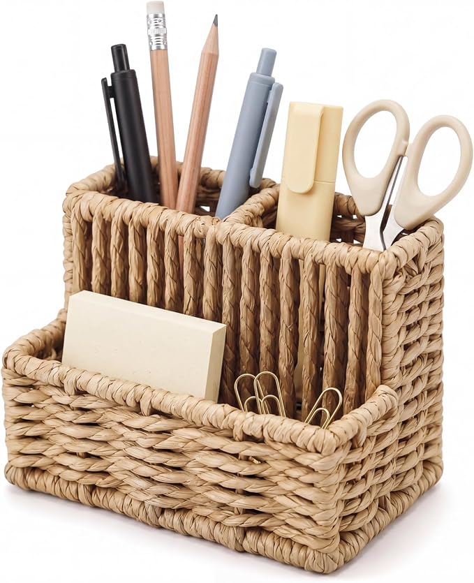 Handwoven Pen Holder Paper Rope 3 Compartment Desk Organizer 5.11 x 3.42 x 3.85 in for Pencils Remote Stationery Rustic Natural Desktop Storage Caddy Applied for Office Home School Decor