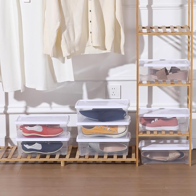 novelinks 12 Pack 6QT Plastic Storage Bins with Lids, Shoe Boxes (White) | Clear Shoe Storage Boxes, Shoe Boxes Clear Plastic Stackable, Shoe Bins, Shoe Containers, Craft Organizers and Storage