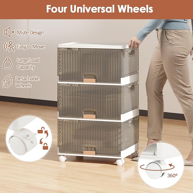 Giantex 3 Tier Stackable Storage Bins with Lids, 13.5 Gal Foldable Shoe Storage Box with Detachable Wheels & Flip-Up Doors, Collapsible Closet Organizers and Storage Bins