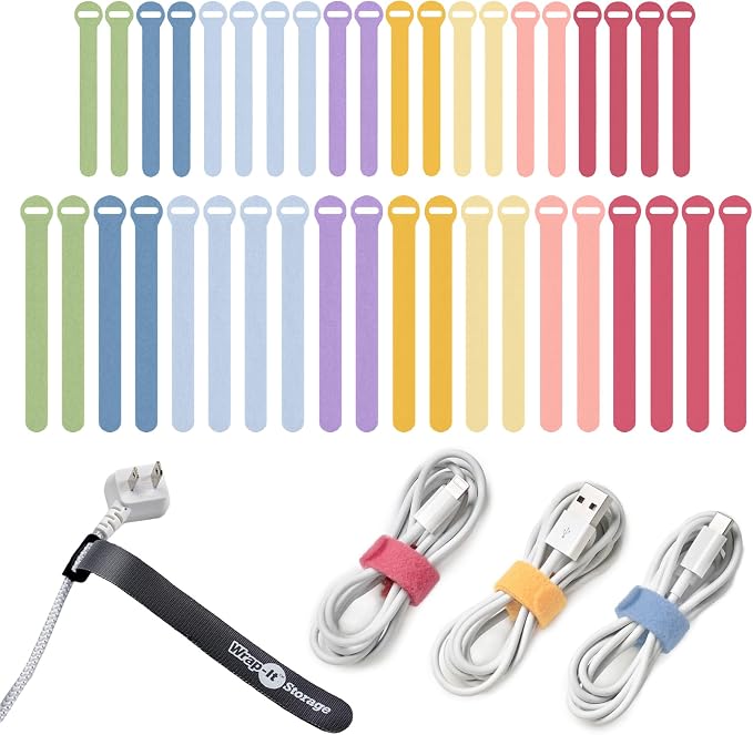 Self-Gripping Cable Ties by Wrap-It Storage - Assorted 40-Pack Macaron | Reusable Hook and Loop Cord Wraps for Home Office Desk Organization