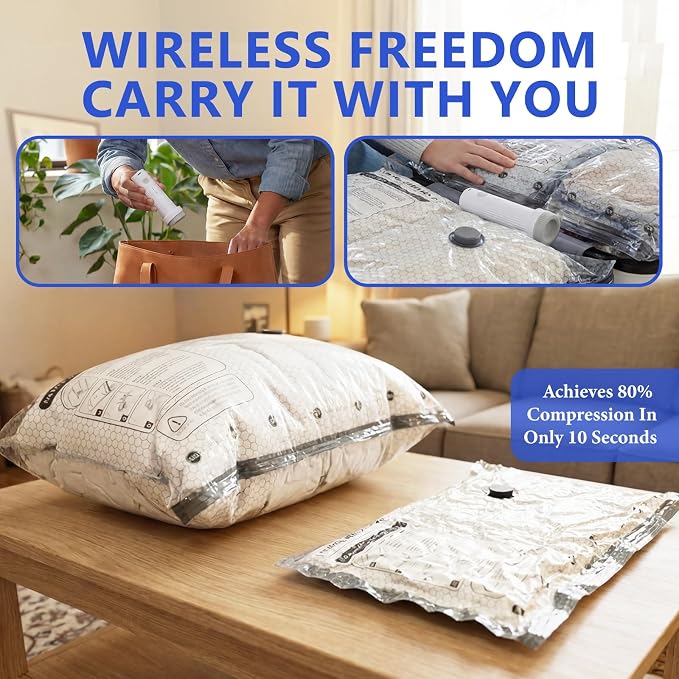 Vacuum Seal Bags for Clothing Travel with Rechargeable Air Pump, Carry-on Size Vacuum Bags for Travel, Space Saver for Clothes 12 Combo Size