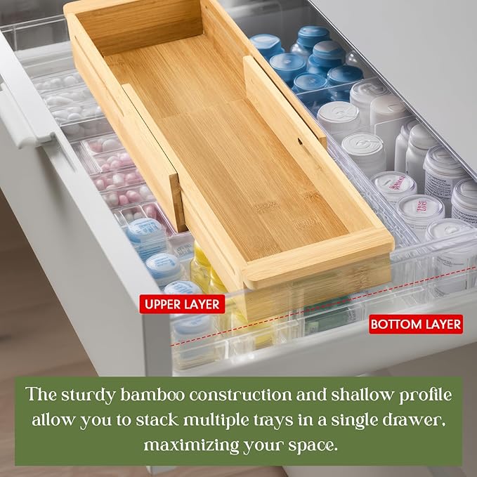 LemonRoad 1 Pcs Sliding Drawer Organizer 12.4-17.7 Inch Bin Bamboo Drawer Expandable Bins Utensil Organizer for Kitchen Spoons Forks Knives (Wood)
