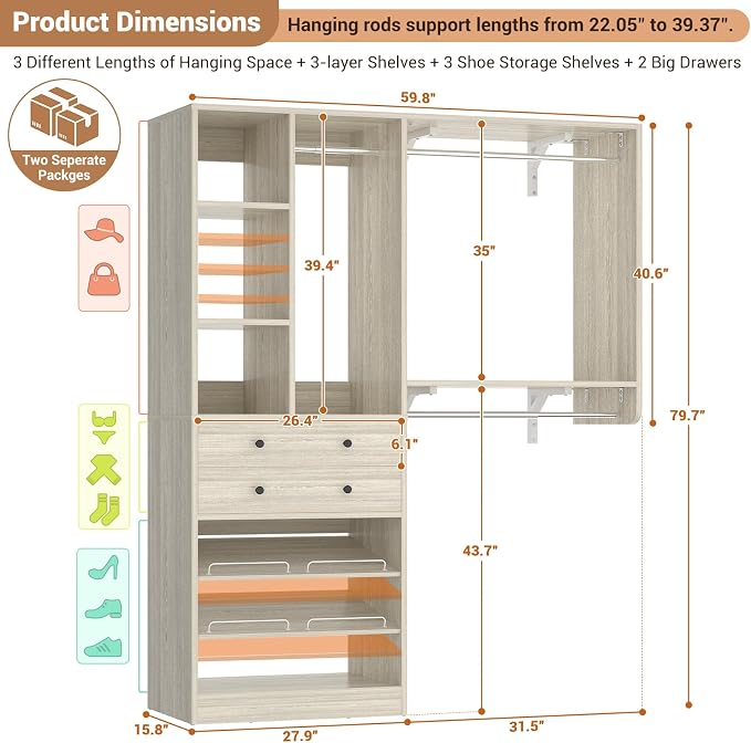 Besiost Closet System - 60"/92" Closet System with Drawers, 5FT/7.67FT Closet Organizer System with Reversible Hanging Shelving Greige Oak