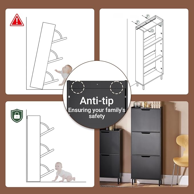 Haotian Slim Shoe Cabinet Entryway | Hidden Shoe Storage with Three Flip Drawers to Save Space, Freestanding Shoe Rack for Front Door, Entryway, Hallway (Black)