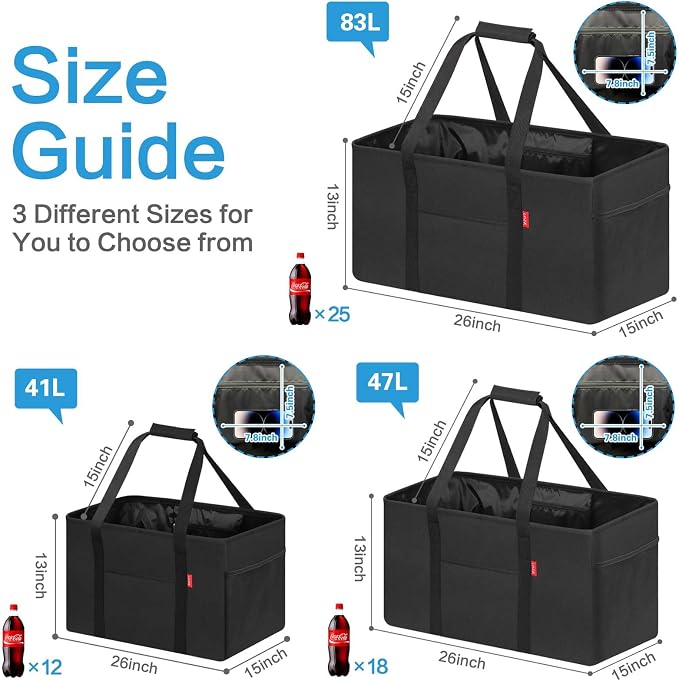 LHZK 2 Pack Utility Tote Bag with Metal Wire Frame and the Sides Rinforced, Large Tote Bag with Handle, Reusable Grocery Bags Foldable, Beach Bag, Car Tote (Black, 18.5''x11.8''x11.5'')
