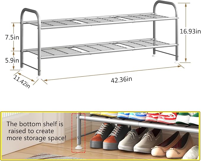 LINZINAR 2 Tier Long Shoe Rack for Closet Metal Shoe Organizer for Entryway | Spacious design stores 15+ pairs of shoes,durable metal frame,space-saving organizer for closet, hallway, and Entryway Grey