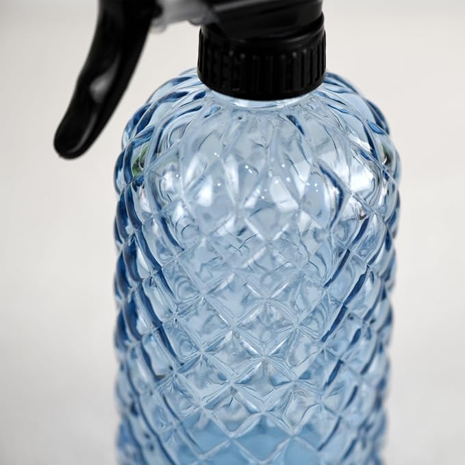 12Oz Glass Plant Spray Bottle, Gem Pattern Glass Sprayer, Watering Can with Black Plastic Top Pump, Handheld Watering Can for Indoor Outdoor Potted Plants and Greenery (Blue)