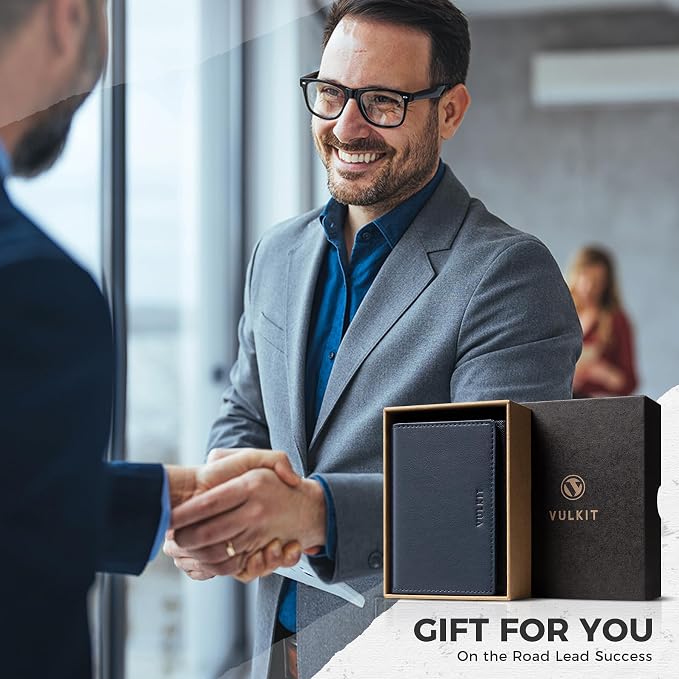 VULKIT Business Card Holder Premium Leather RFID Blocking Card Case With ID Window Magnetic Closure Holds Up to 40 Business Cards