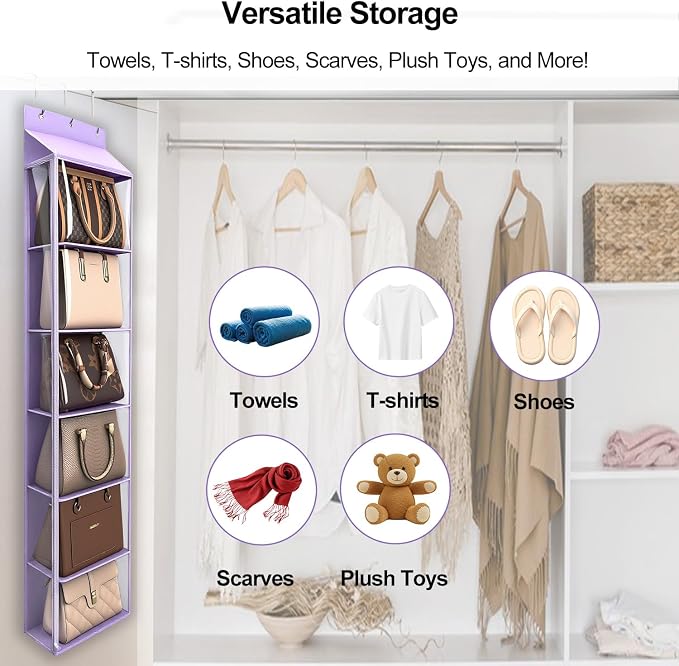 Lirex Over The Door Purse Organizer & Purse Shelf for Closet – Handbag Storage Organizer with Purse Hanger. Perfect for Scarves, Hats, and Leggings. S (11.8'' x 5'' x 51.6''), Purple