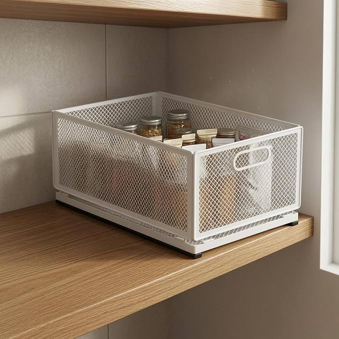 Pull-out Storage Basket Metal Frame Mesh Storage Basket Easy Access for Kitchen, Extended Model 45cm Long 35cm Wide With Slide Rail