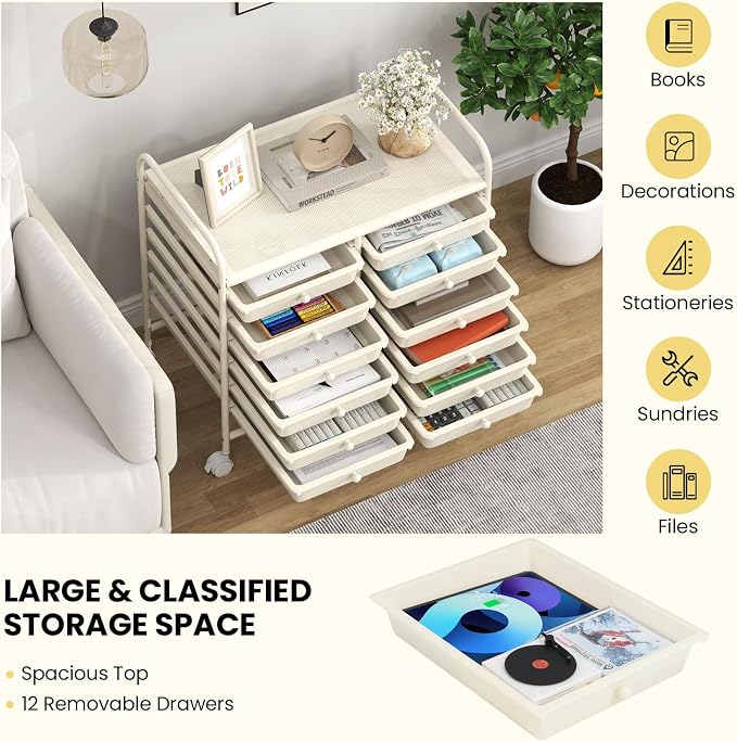 LDAILY 12 Drawer Rolling Storage Cart, Craft Cart Organizer on Wheels w/Metal Frame, Large Capacity & Smooth Drawer, Rolling Cart w/Drawers for Classroom, Office