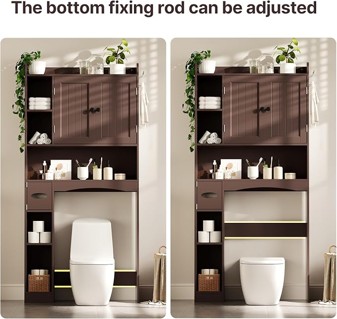 Gizoon Over The Toilet Storage Cabinet, 66''H Over Toilet Storage Cabinet, with Paper Holder, Adjustable Shelves, 2 Doors, Over Toilet Bathroom Organizer, 2 Side Hooks, Space-Saver, Dark Brown
