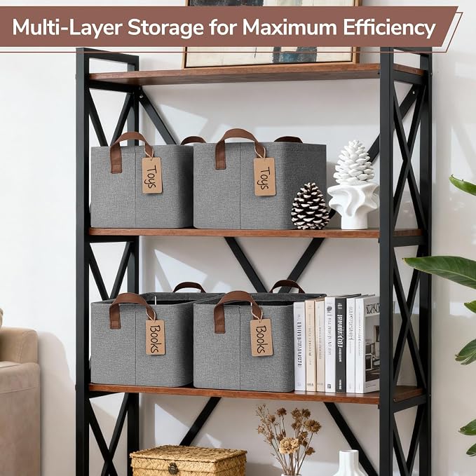 CHICVITA 4 Pack Storage Baskets for Shelves, Foldable Fabric Storage Bins with Metal Frame Handles, Closet Organizer Bins for Toys Blankets, 14.8" x 10.3" x 8.3", Gray