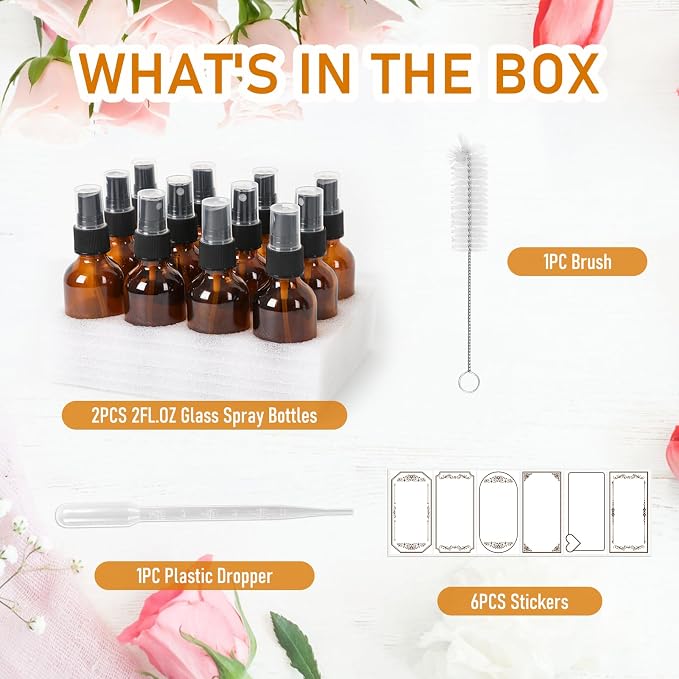 Leakproof Amber Glass Spray Bottles 2 oz with Fine Mist Sprayer 2 Pack | Small Durable Refillable Travel Containers for Face Mist, Perfumes, Essential Oils, Hair, Plants - Great Value Set