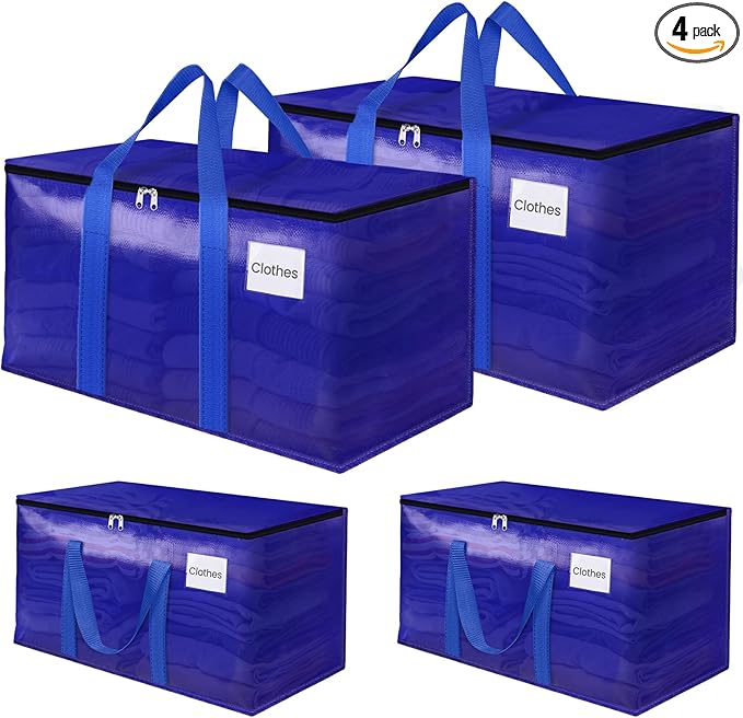 FabSpace Moving Storage Bags, Moving Supplies Packing Boxes for Moving, Camping, College Dorm Room Essentials for Girls, Blue Tote Bags, Heavy-Duty Storage Bins With Lids And Zippers, 125L 4 Pack