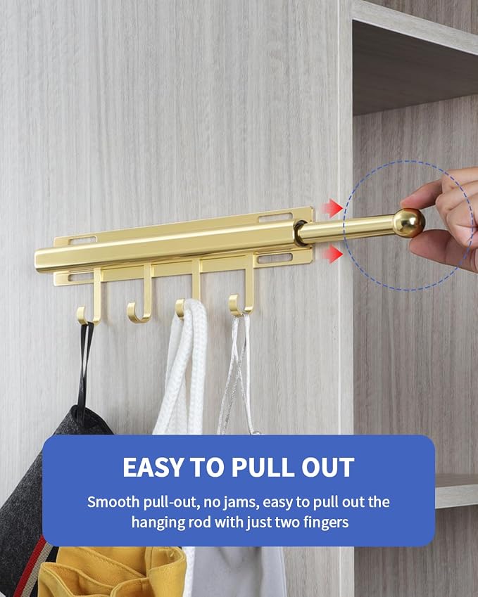BaiNong Valet Rod for Closets Pull Out 12" Gold with 4 Hooks | Closet Valet Rod Slide Out for Closets, Laundry Rooms, RVs Space-Saving