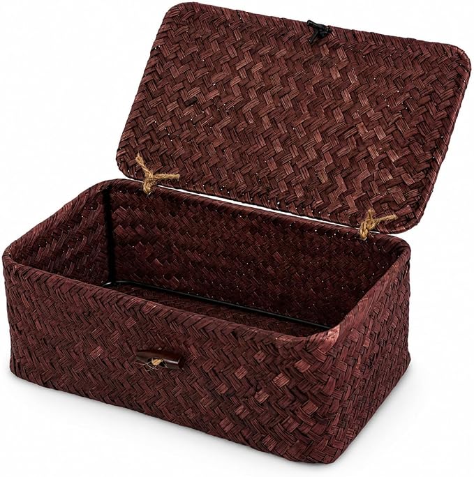 Wicker Basket with Lid, Natural Seagrass Storage Baskets for Organizing, Woven Basket for Storage, Decorative Boxes Bins with Lids Home Organizer Decor (Red, 9.05" x 5.11" x 3.34")