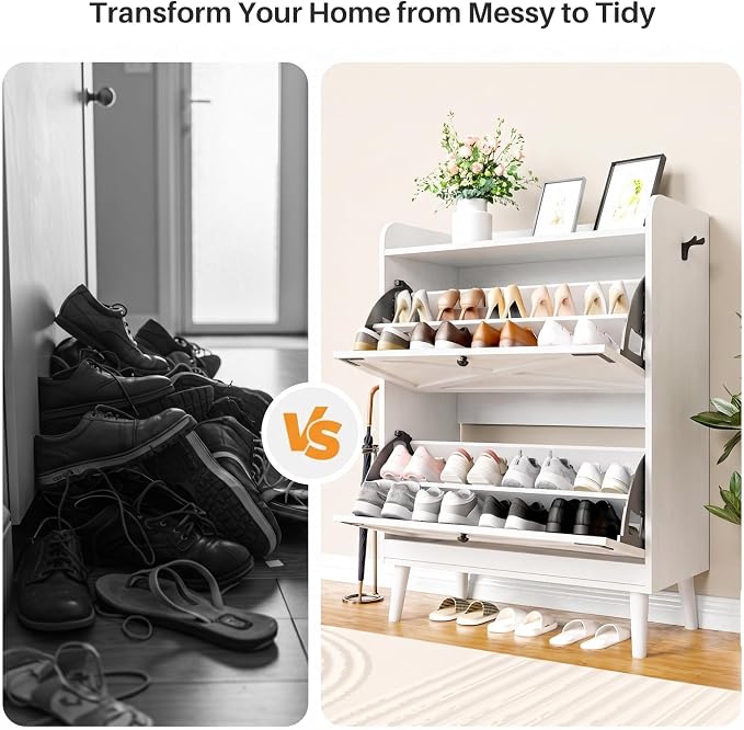YZ HOME Shoe Storage Cabinet with 2 Flip Drawers, Entryway Shoe Cabinet with 2 Metal Hooks & Adjustable Shelves Freestanding Shoe Organizer Narrow Shoe Rack for Entrance Hallway Foyer Front Door