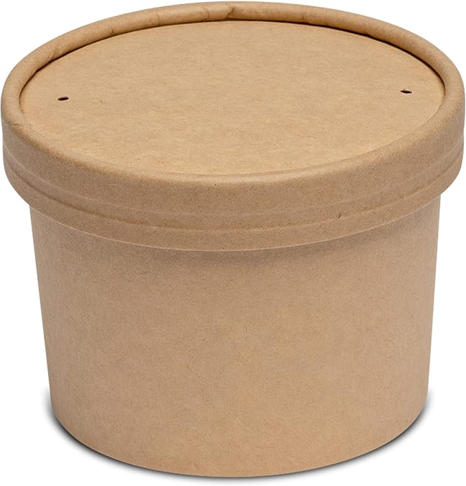 GUSTO 8 oz. Kraft Paper Food Containers with Vented Lids [50 Count] To Go Hot Soup Bowls, Disposable Ice Cream Cups, Ideal for Hot and Cold Foods - (Formerly Comfy Package)