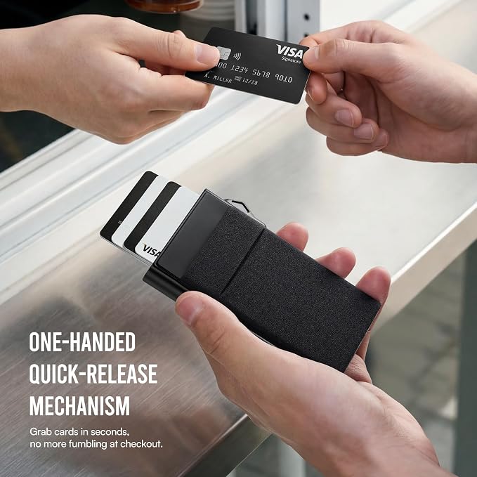 Pop Up Wallet For Men, Bauhaus Minimalist Aluminum RFID Blocking Card Holder, Vegan Leather EDC Wallet With ID Window, Elastic Cash Pocket For Daily Travel Business