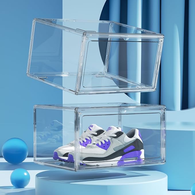 HIYOHIYO 8 Pack Clear Shoe Box Organizer, Large Capacity Fit US Size 14 | Stackable, With Magnetic Door, Thicken Sturdy, Easy Assembly Transparent Display Case, For Sneaker, Ankle Boots, High Heels