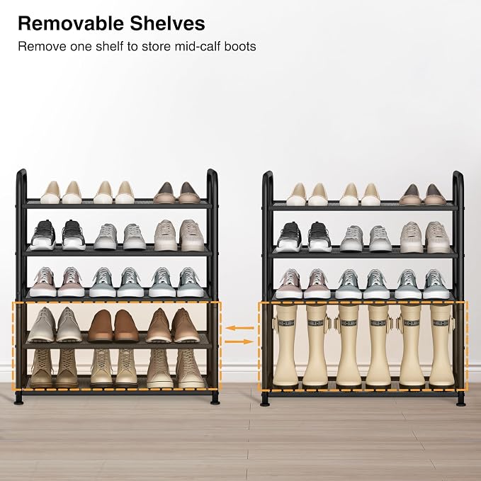 STO STO 5-Tier Shoe Rack with Sturdy Mesh Shelves, Heavy Duty Metal Shoe Organizer for Entryway, Closet, Garage, Front Door, Holds 15 Pairs, Free Standing Shoe Storage Shelf, Adjustable Feet, Black