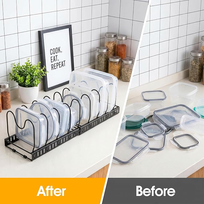 2 Pack Pot and Pan Organizer Expandable 12-23 Inch Pot Lid Pan Organizers Inside Cabinet with 14 Adjustable Dividers Heavy Duty Iron Storage Rack for Pots Pans Lids Black