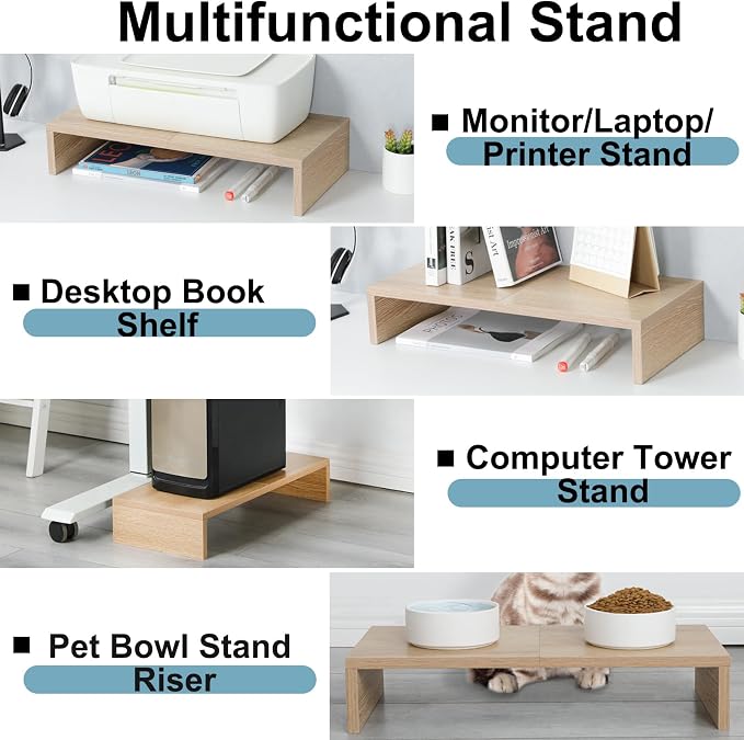 TEAMIX 2 Pack Monitor Stand Riser-20 inch, Wooden Desktop Riser for TV/PC/Laptop/Printer, Cozy Monitor Riser with Storage, Computer Stand Space-Saving