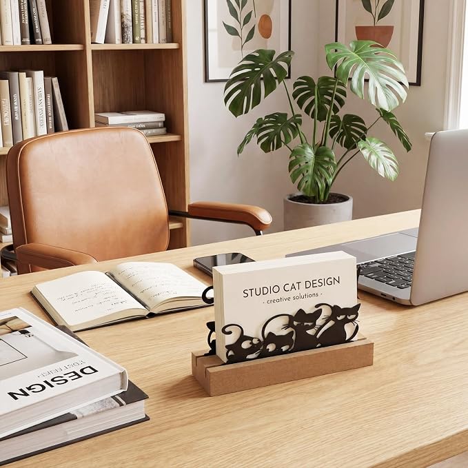 CroBlissful 2 Pcs Cat Business Card Holders for Desk, Wood & Metal Black Funny Business Card Display Cats Silhouette Stand for Home Office