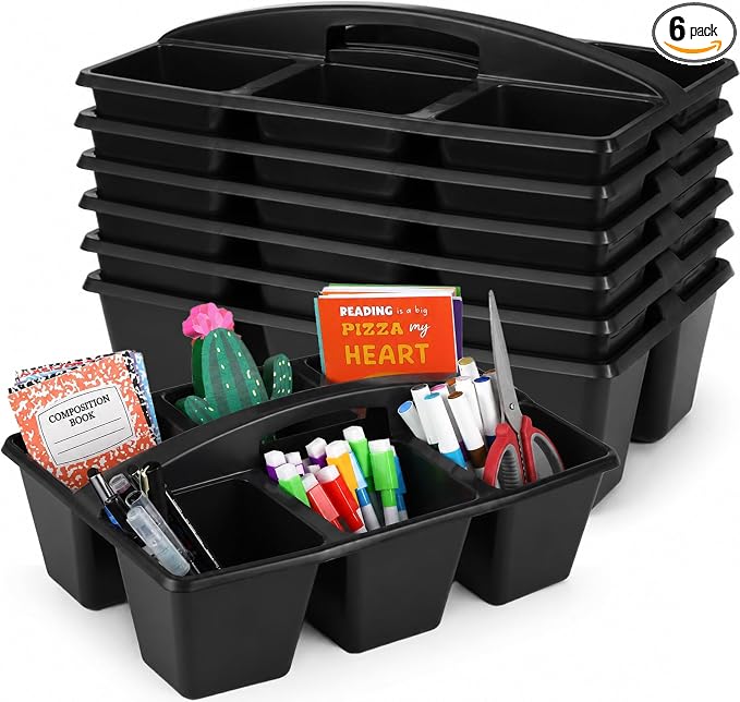6 Pack Assorted Colors 6 Compartment Classroom Caddy with Handle Portable Plastic Storage Classroom Caddies Organizer for Classrooms Supply Teacher Office Table Desk(Black)