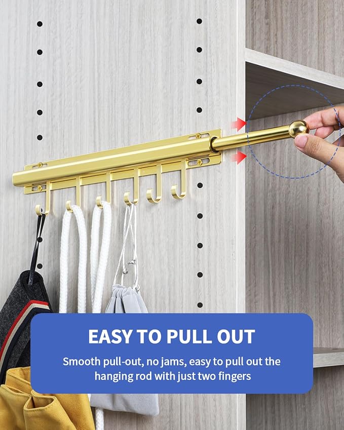 BaiNong Valet Rod for Closets Pull Out 16.5" Gold with 6 Hooks | Closet Valet Rod Slide Out for Closets, Laundry Rooms, RVs Space-Saving