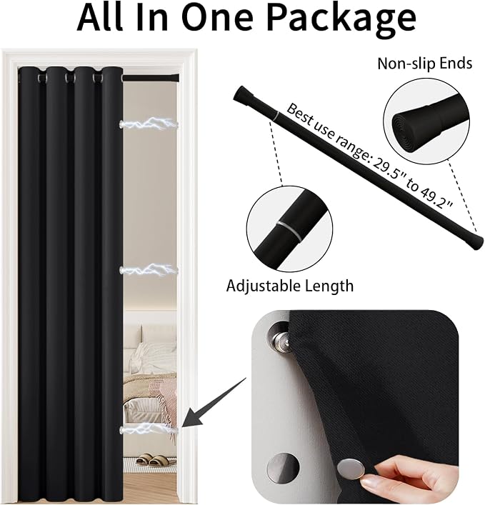 Vatge Magnetic Door Curtain with Rod - W52 x L76, 1 Panel, Black | Thermal Insulated Blackout Curtain for Room Darkening, No Drilling