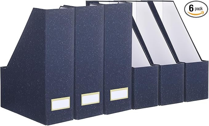 Gueevin Set of 6 Magazine File Holders, Sturdy Cardboard Desk Magazine Organizer with Gold Label Slots, Foldable File Folder Rack for Home Office Classroom Library(Blue)