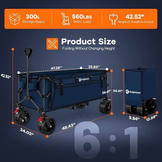 Originsure 48" L Collapsible Wagon Cart Foldable, 560lbs Weight Capacity 300L Heavy Duty Folding Beach Wagons with Big All-Terrain Wheels, Utility Carts for Groceries, Camping, Sports - Blue
