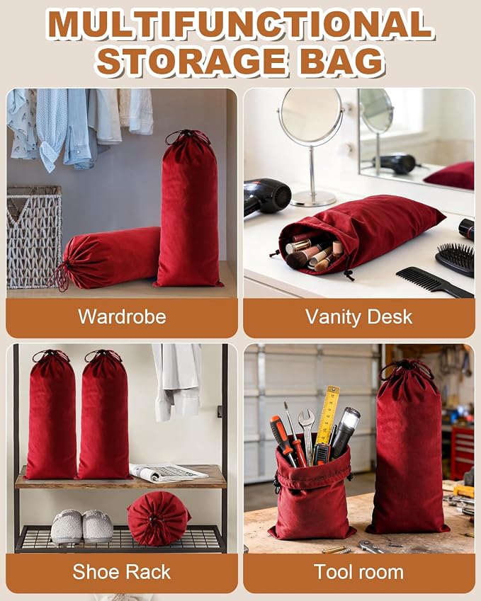 6 Pcs Single Shoe Bags for Travel, Dust Velvet Bag, Rio Red, 17.3x8.6 Inch | Washable & Reusable Travel Shoe Bags, Dustproof Shoe Bags with Drawstring Closure, Suitable for Travel, Home Storage